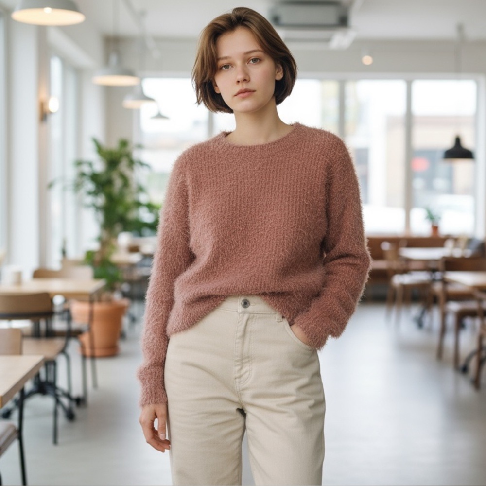 Hippie Rose Blush Fuzzy Knit Sweater with twisted back- Size M